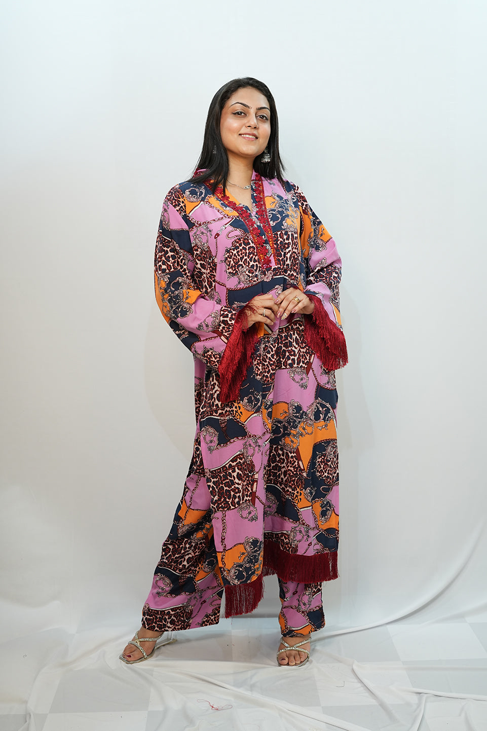 Bling Fabrics Cord Set for Women Stylish Cheetah pattern Multicolour Poly Rayon -  Resham Lace 1- 04