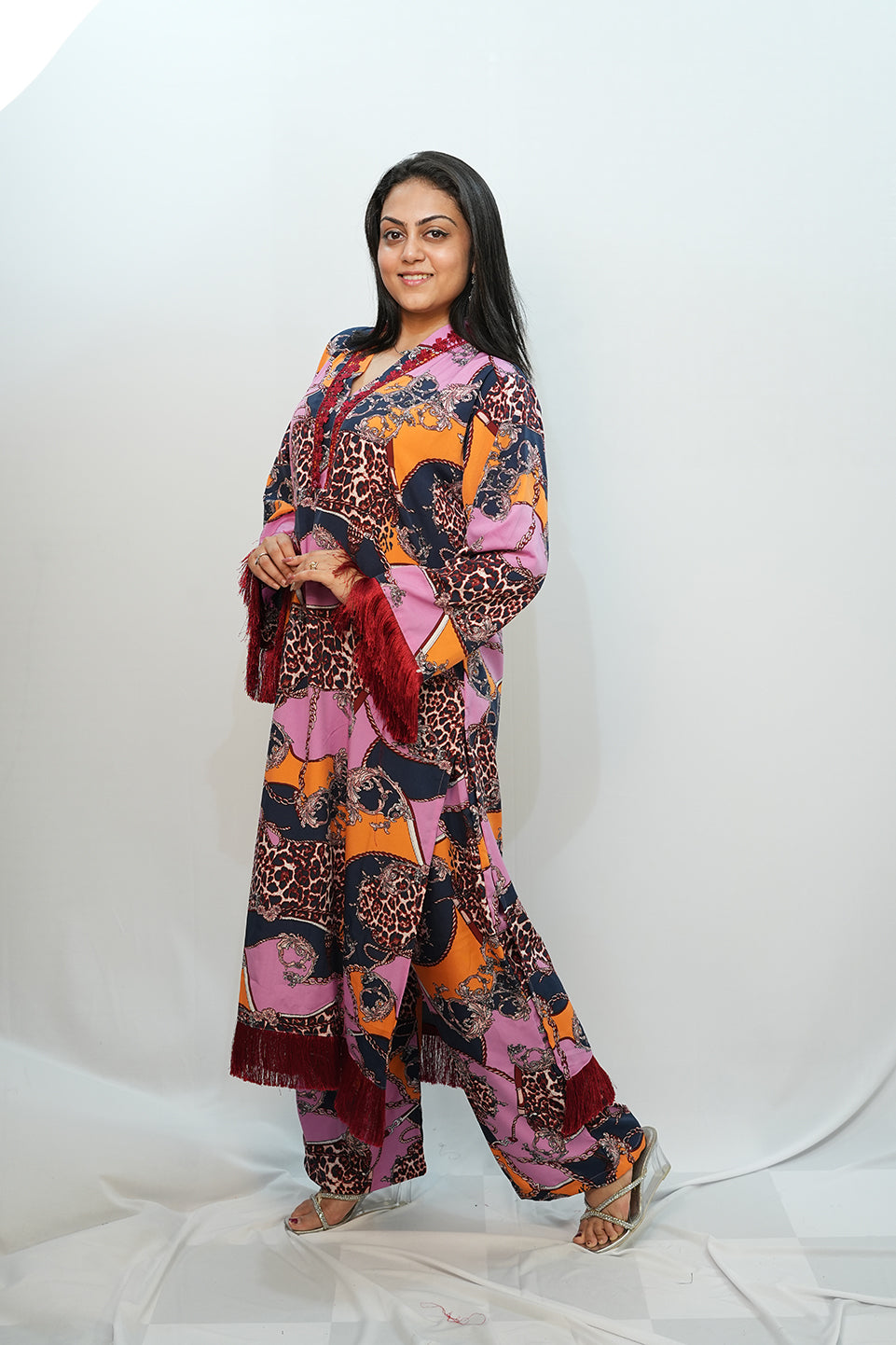 Bling Fabrics Cord Set for Women Stylish Cheetah pattern Multicolour Poly Rayon -  Resham Lace 1- 04