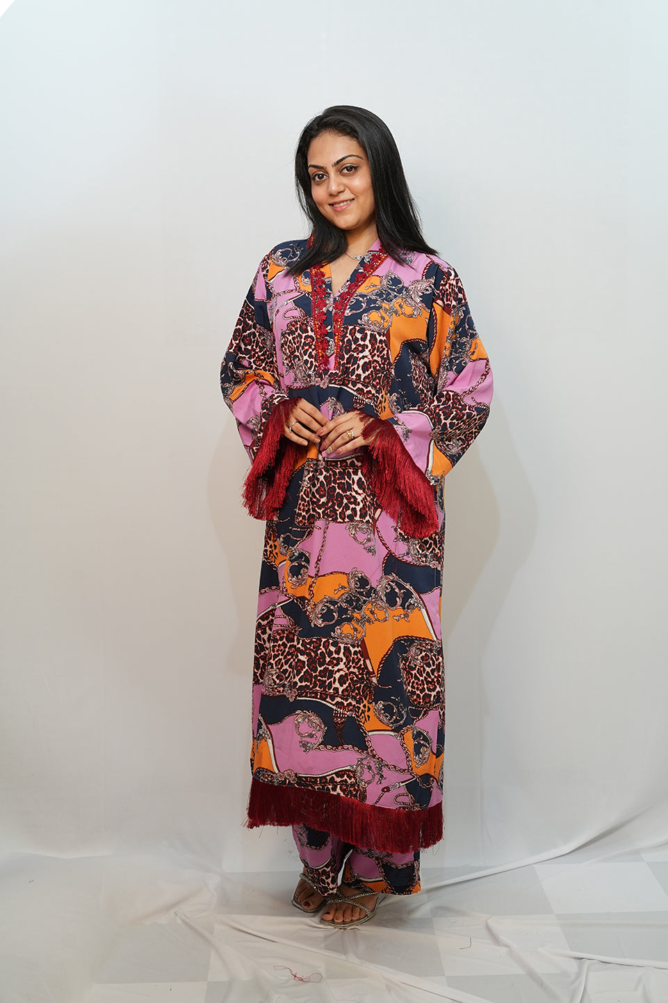Bling Fabrics Cord Set for Women Stylish Cheetah pattern Multicolour Poly Rayon -  Resham Lace 1- 04
