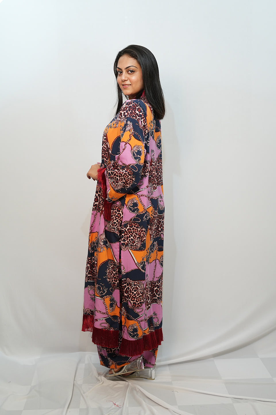 Bling Fabrics Cord Set for Women Stylish Cheetah pattern Multicolour Poly Rayon -  Resham Lace 1- 04