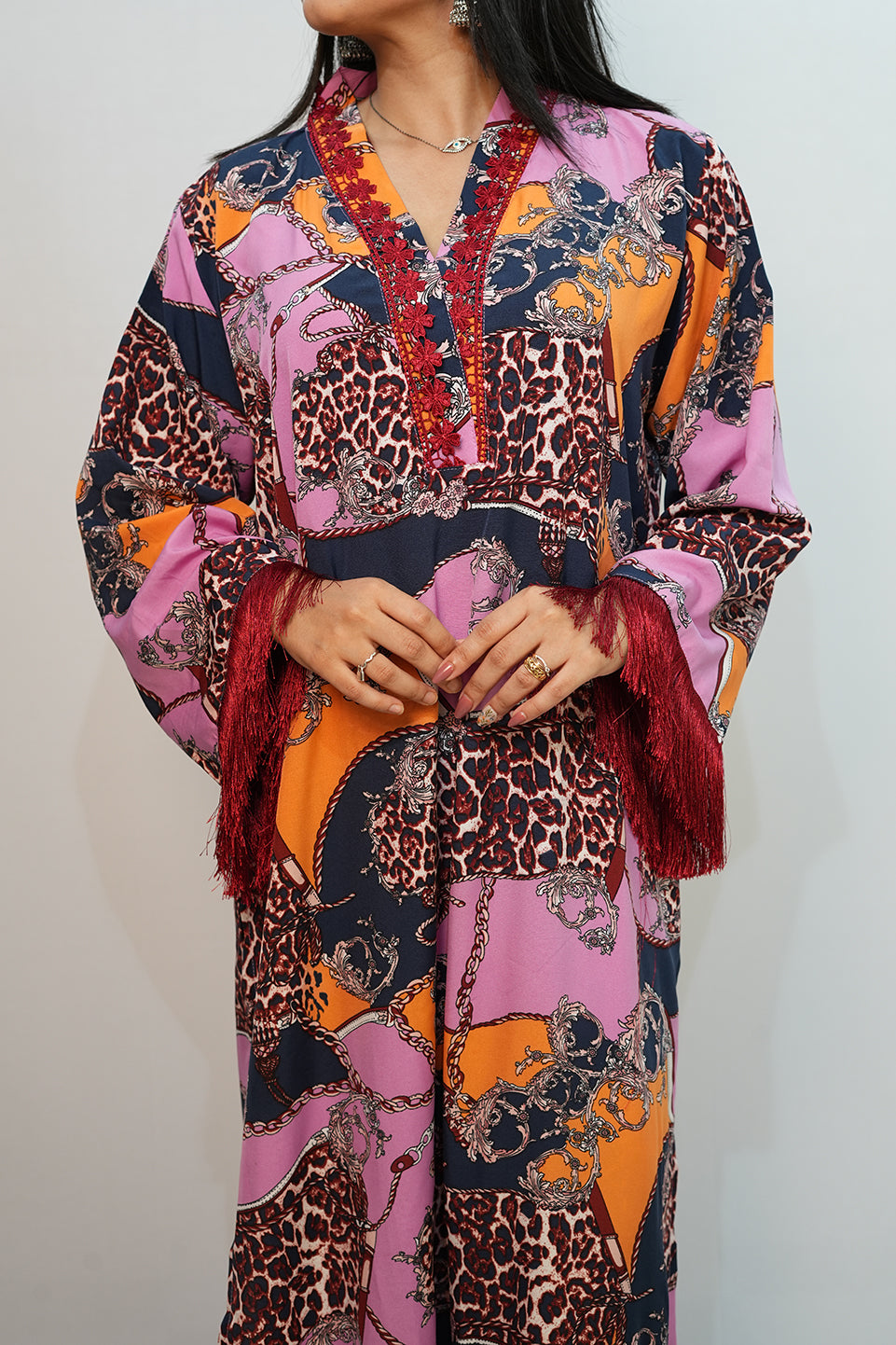 Bling Fabrics Cord Set for Women Stylish Cheetah pattern Multicolour Poly Rayon -  Resham Lace 1- 04