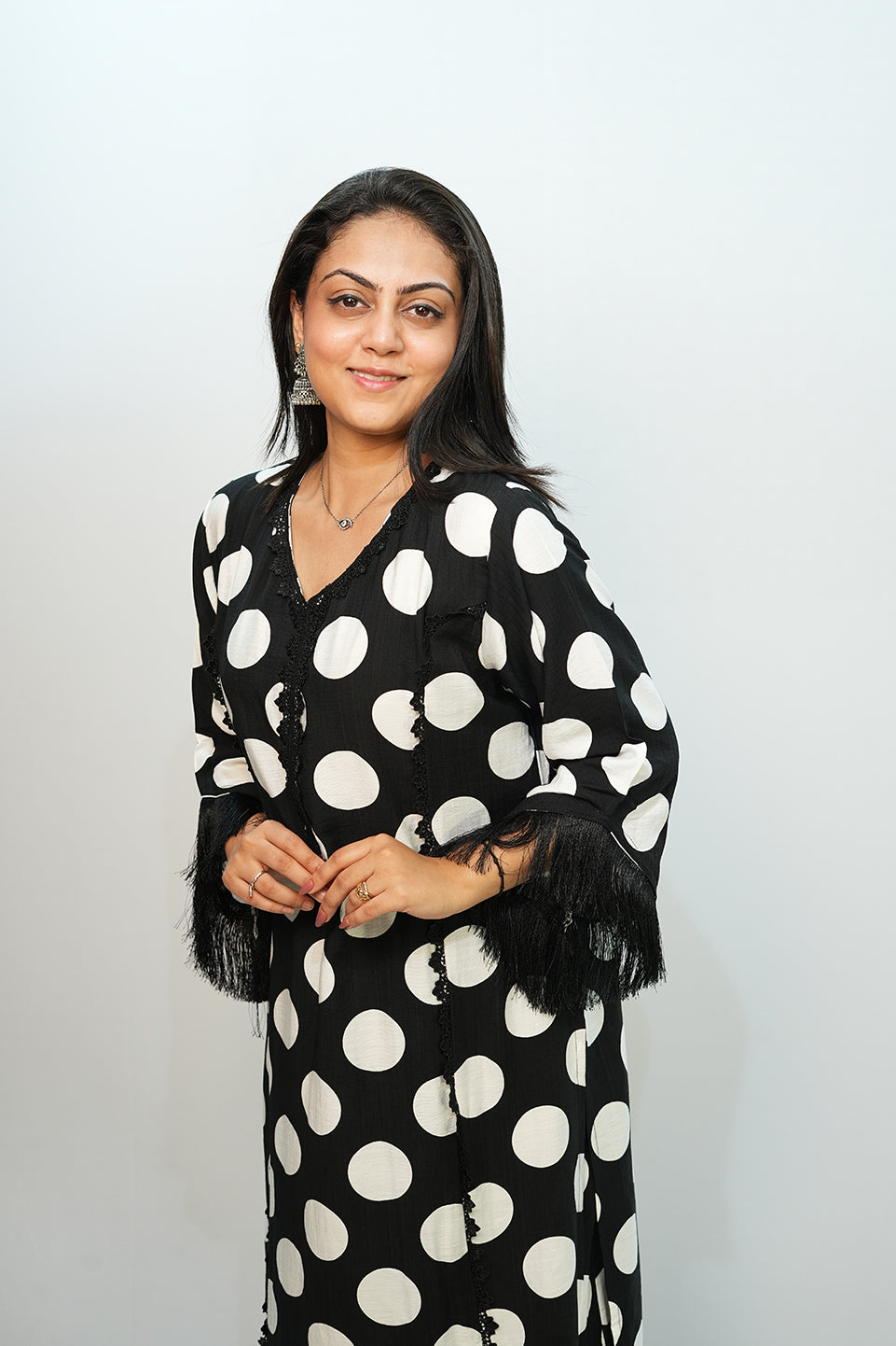 Bling Fabrics Cord Set for Women Stylish Round Pattern Black And White Poly Rayon - Resham Lace 2- 04