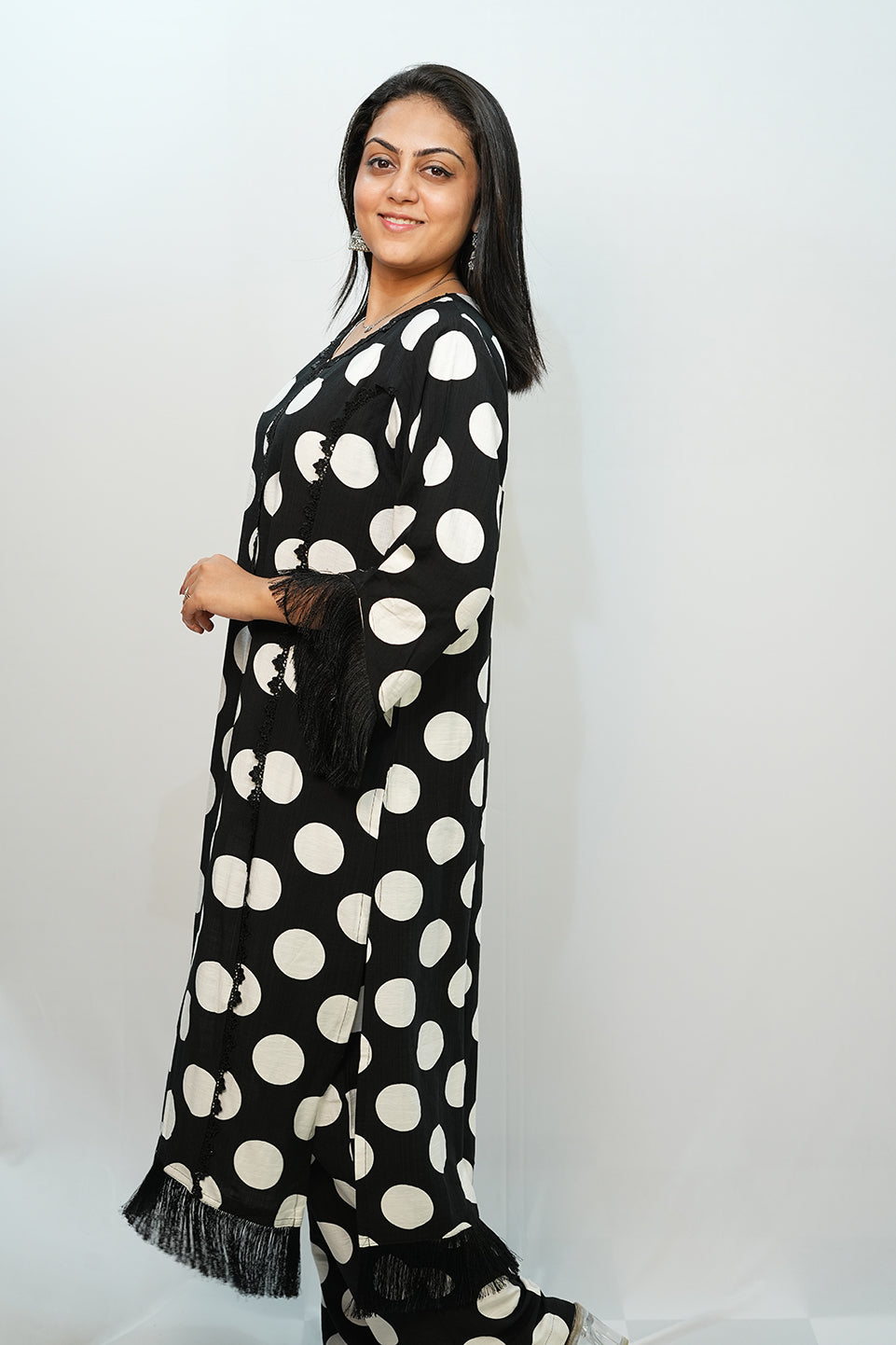 Bling Fabrics Cord Set for Women Stylish Round Pattern Black And White Poly Rayon - Resham Lace 2- 04