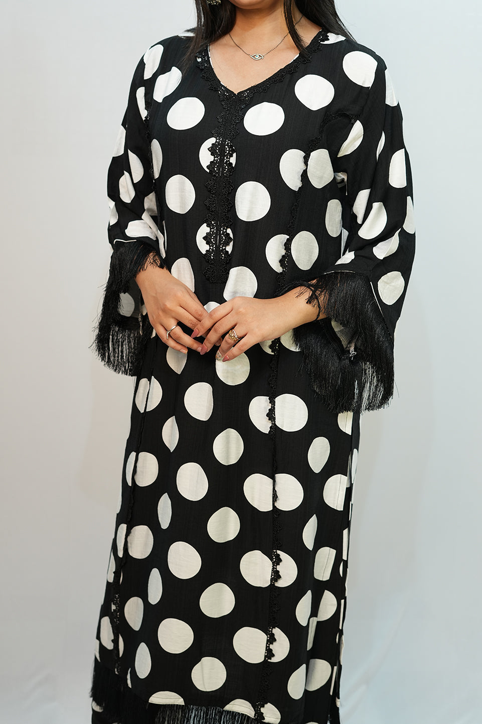 Bling Fabrics Cord Set for Women Stylish Round Pattern Black And White Poly Rayon - Resham Lace 2- 04