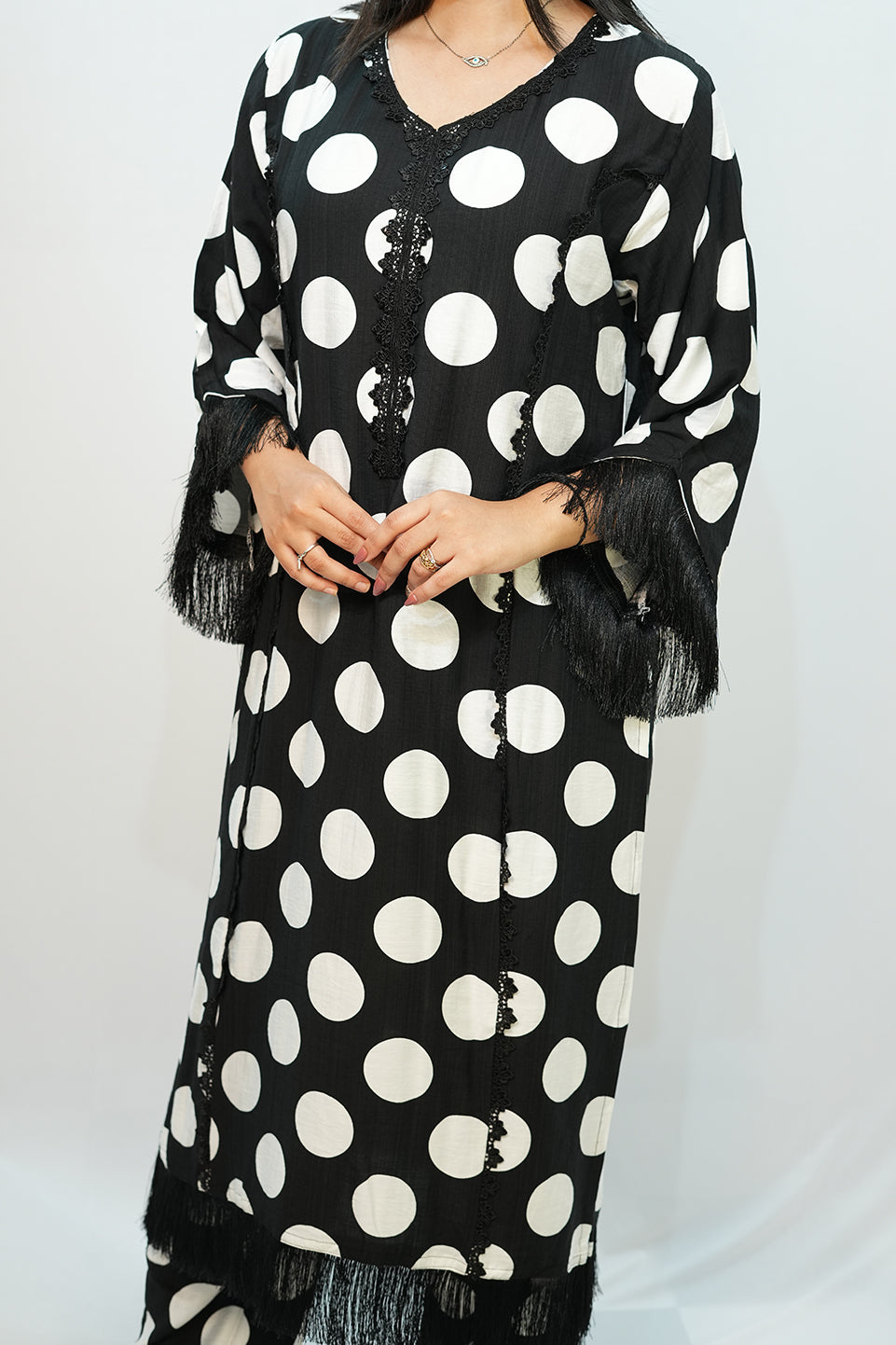 Bling Fabrics Cord Set for Women Stylish Round Pattern Black And White Poly Rayon - Resham Lace 2- 04