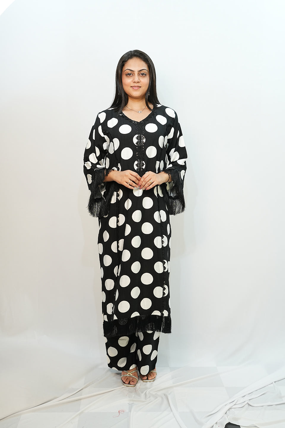 Bling Fabrics Cord Set for Women Stylish Round Pattern Black And White Poly Rayon - Resham Lace 2- 04