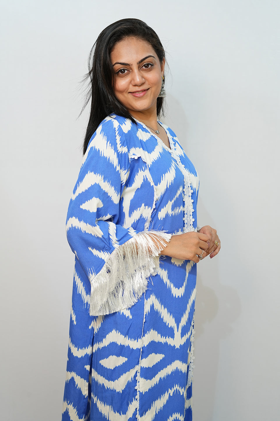 Bling Fabrics Cord Set for Women Stylish ZigZag Pattern Sky Blue And White Poly Rayon - Resham Lace 2- 02