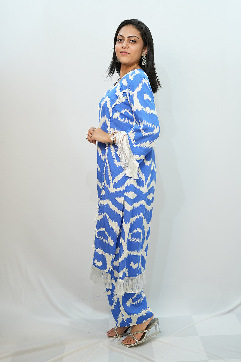 Bling Fabrics Cord Set for Women Stylish ZigZag Pattern Sky Blue And White Poly Rayon - Resham Lace 2- 02