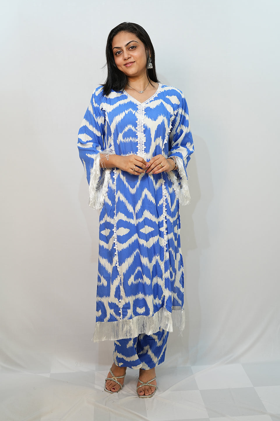 Bling Fabrics Cord Set for Women Stylish ZigZag Pattern Sky Blue And White Poly Rayon - Resham Lace 2- 02