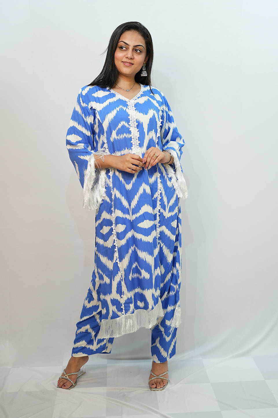 Bling Fabrics Cord Set for Women Stylish ZigZag Pattern Sky Blue And White Poly Rayon - Resham Lace 2- 02
