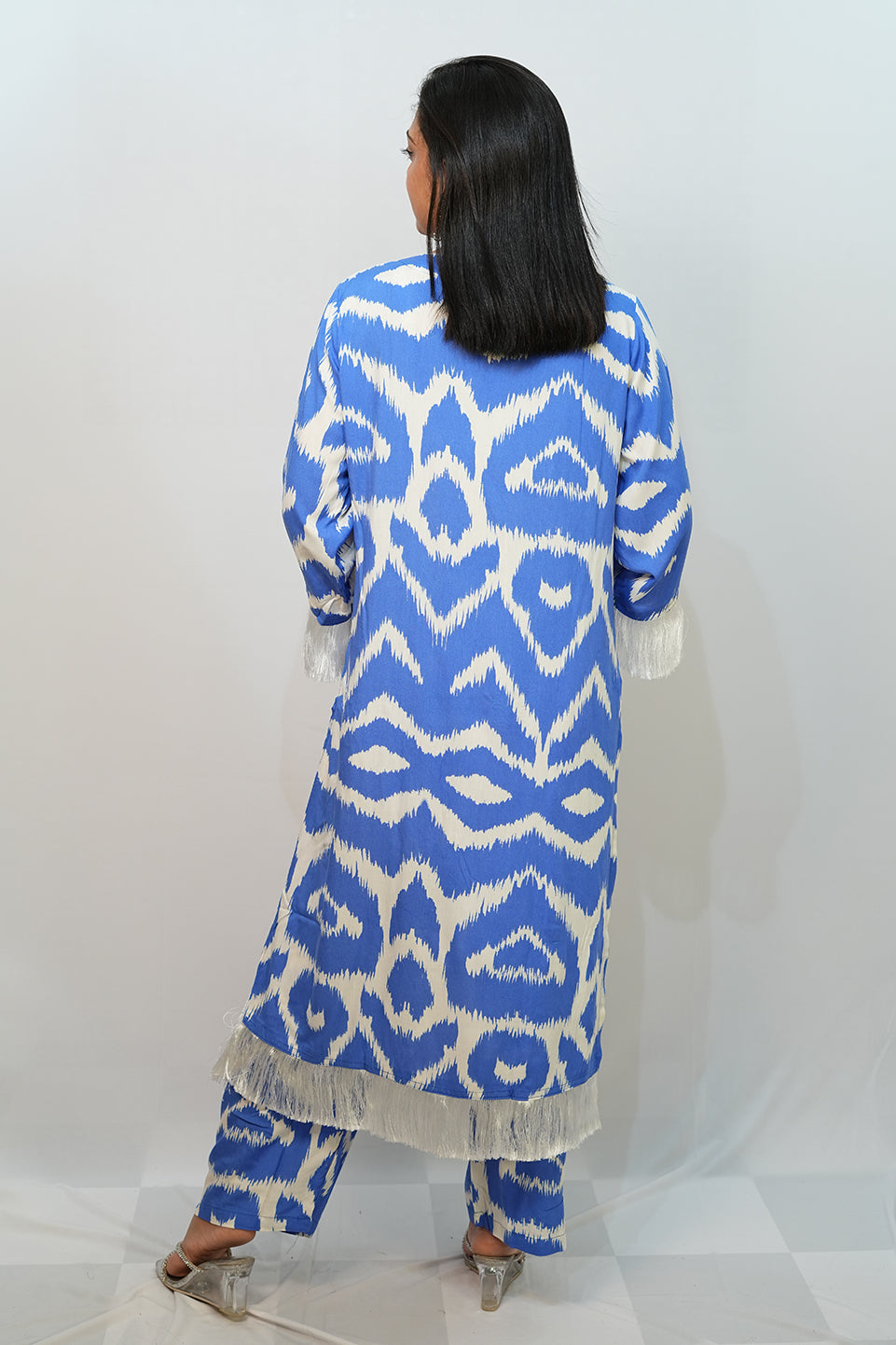 Bling Fabrics Cord Set for Women Stylish ZigZag Pattern Sky Blue And White Poly Rayon - Resham Lace 2- 02