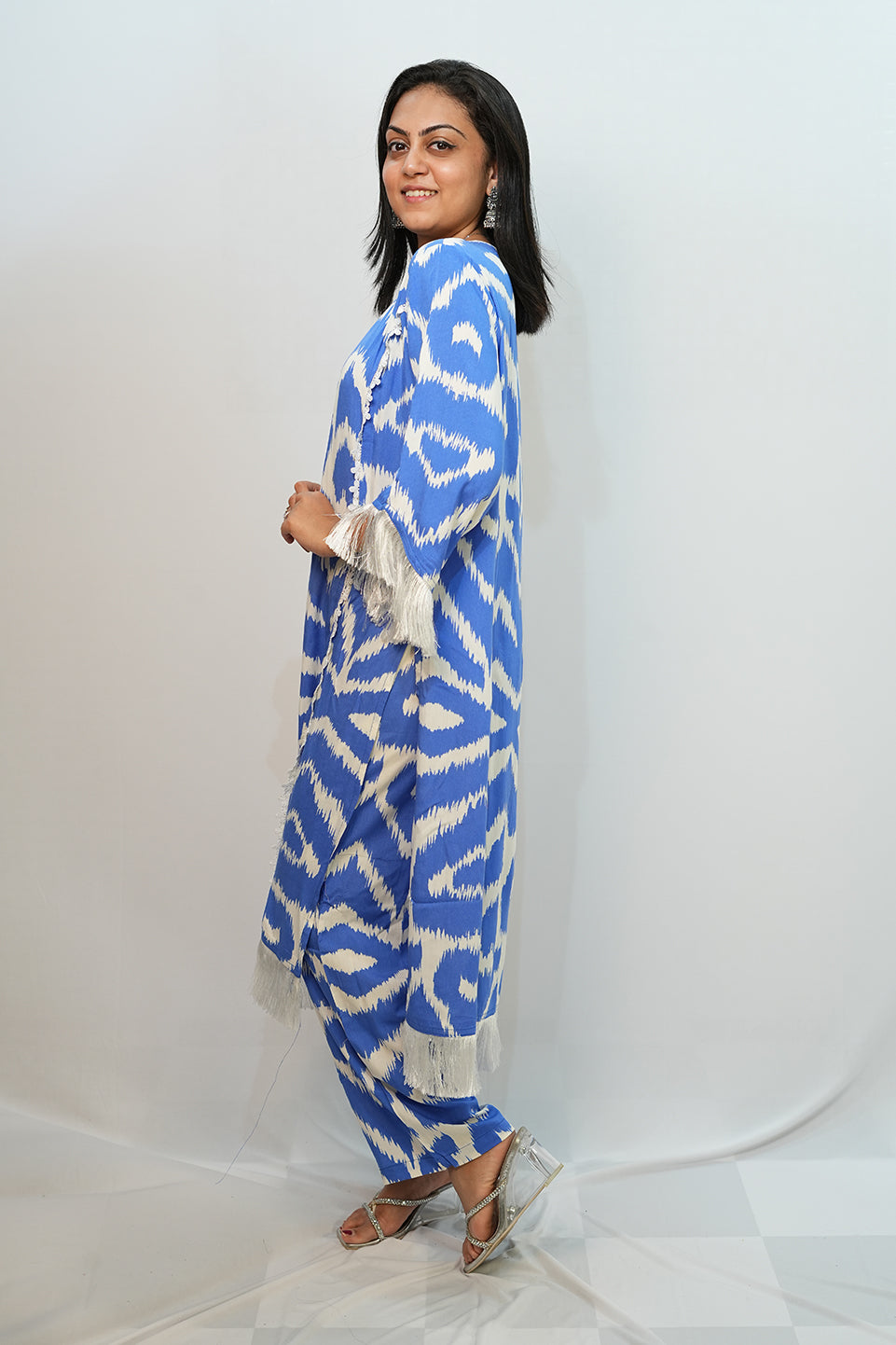 Bling Fabrics Cord Set for Women Stylish ZigZag Pattern Sky Blue And White Poly Rayon - Resham Lace 2- 02